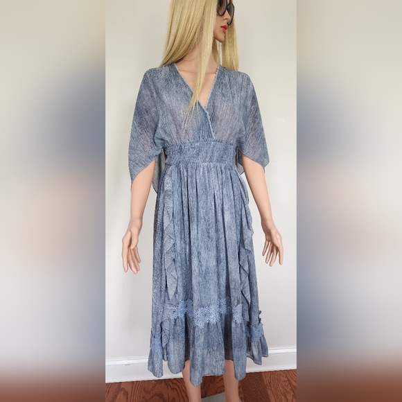 BLUE DRESS MOON RIVER RUFFLES V-NECK OPEN SLEEVES CINCHED WAIST MIDI FULL SKIRT - Picture 2 of 16